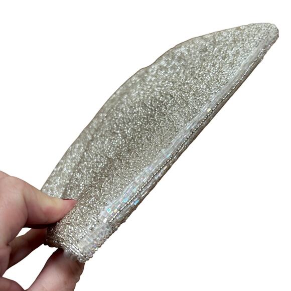 Vintage 1980’s beaded evening bag wedding brides purse white satin silver gold - Picture 9 of 10